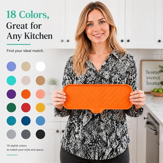 MicoYang Silicone Soap Dish with Drain Spout — Self-Draining Double Sink Organizer Tray for Kitchen & Bathroom, Dispensers, Sponges & Soap Holder, Non-Slip & Dishwasher Safe, Orange (Large, 12"×4")