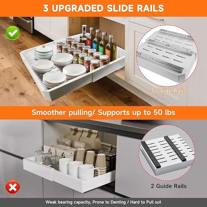 Pull out Cabinet Organizer,Adjustable Width (14"-19") and Depth (17"-24") Expandable,No Drill Slide out Drawers for Kitchen,Pantry,Adhesive Roll out Shelves,for Cabinets Without Lip (white)