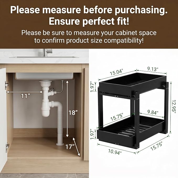 Bamboo Under Sink Storage 2 Tier Pull Out Cabinet Organizer Slide Out Under Sink Storage Shelf Undersink Organizers Shelves for Kitchen Bathroom Organization (Black, 2 Pack)