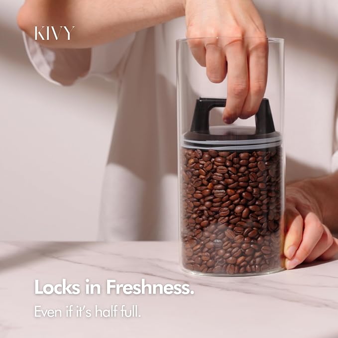 KIVY Vacuum Coffee Canister - Push Lid Preserves Coffee Aroma & Oil - Stainless Steel Airtight Coffee Canister - Container for Ground & Coffee Bean Storage - Storage Jar - Removes Excess Air