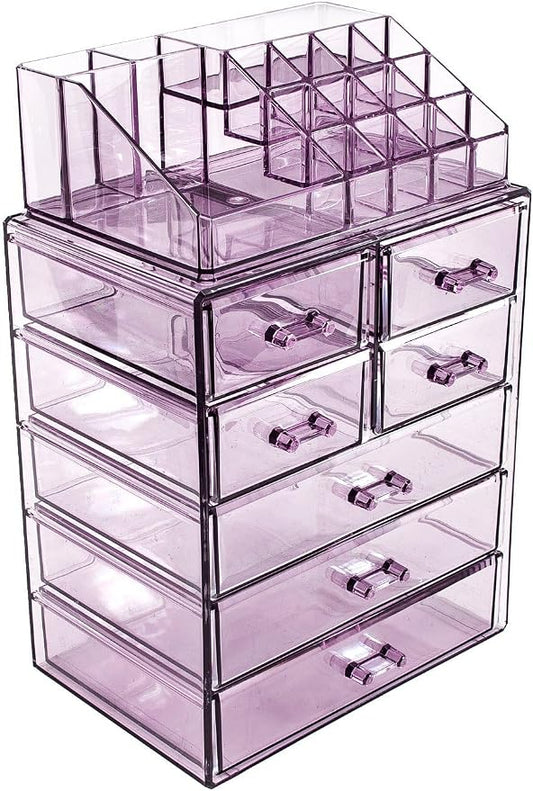 Sorbus Acrylic Makeup Organizer Set, 7-Drawer Vanity & Countertop Cosmetic Storage with Small & Wide Compartments, Purple Makeup Storage for Brushes, Jewelry – Holiday Gift for Women & Teens