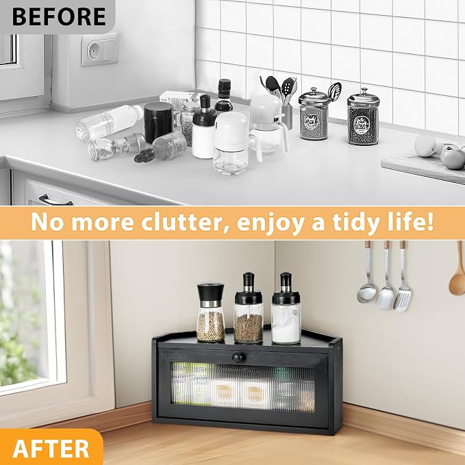 Sunhoo Bread Box for Kitchen Countertop Wooden Corner Breadbox Counter Food Storage Bin Container Farmhouse Rustic Homemade Bread Fresh Keeper Organizer Holder Vintage Stackable with Window (Black)