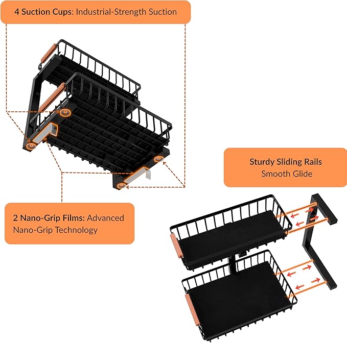 Under Sink Organizer with Pull-Out Drawers, 5-Level Adjustable Height 14"–17", 2-Tier Cabinet Storage, 4 Suction Cups, Nano-Grip Base, Sliding Baskets, Heavy-Duty Steel, Kitchen & Bathroom