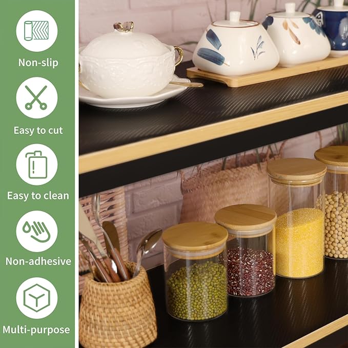 Shelf Liners 13 inch x 20 ft Kitchen Cabinets Liner Non-Stick Drawer Liners Drawer Mats EVA Protector Shelving Cupboard Lining (Black, 13 inch x 20 ft)