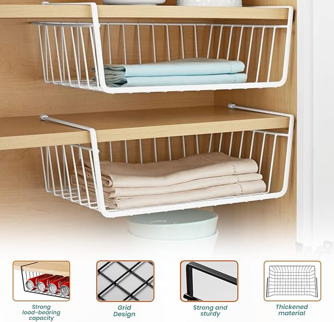 Go Hooked 12 Inch Undershelf Storage Basket Pack of 1 | Multipurpose Under Shelf Organizer | Hanging Wire Basket for Cabinet, Shelf, Pantry, Cupboard, Closet, Desk, and Bathroom (White)
