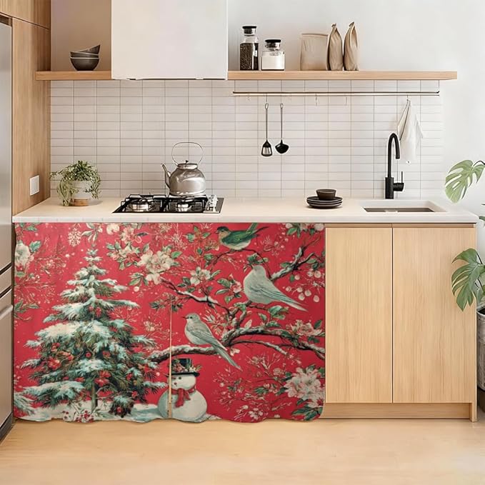 Self Adhesive Red Bird & Pine Tree Cabinet Curtain for Mother's Day, 39x28 Inch Vintage Floral Under Sink Skirt No Drill, Spring Cleaning Kitchen Decor, Hook and Loop Laundry Valance