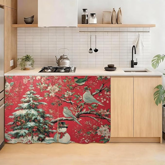 Self Adhesive Red Bird & Pine Tree Cabinet Curtain for Mother's Day, 39x28 Inch Vintage Floral Under Sink Skirt No Drill, Spring Cleaning Kitchen Decor, Hook and Loop Laundry Valance