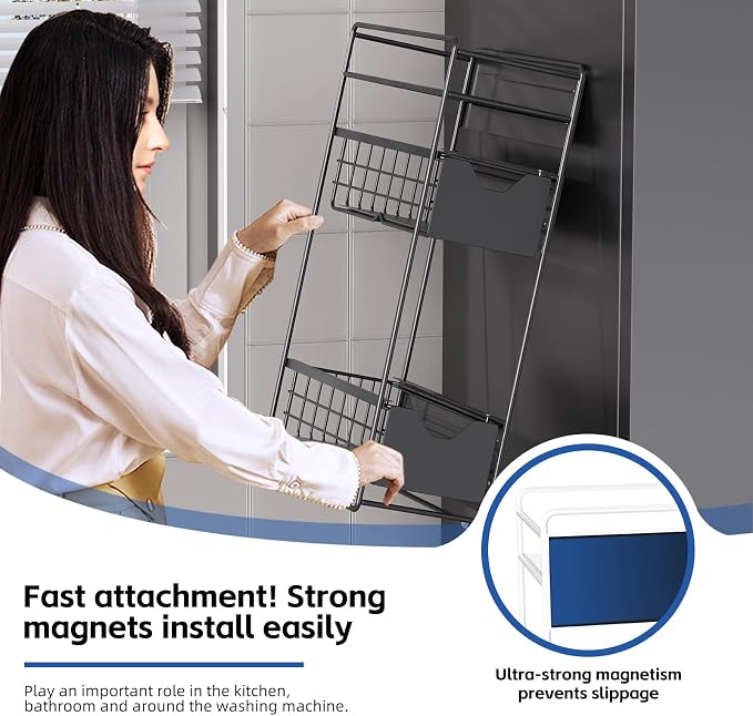 CABTE 3 Tier Magnetic Shelves for Washing Machine with Pull Out Metal Drawer,Magnetic Spice Rack for Fridge,Magnetic Rack with no Installation, Versatile Storage Organizers for Home (Black, 3 Tier)