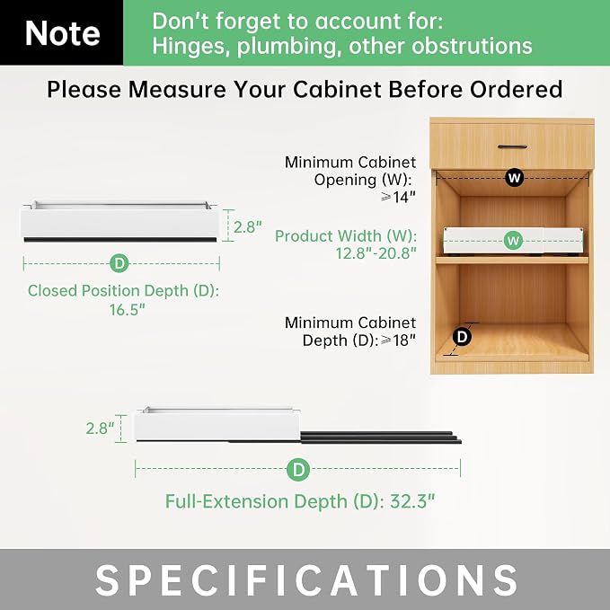 Pull out Cabinet Organizer, 2 pack, 16.5" Deep Heavy Slide out Drawers, Upgrade Three Triple-Slide Rail Systems, Expandable 12.8"-20.8" Roll out Shelf Storage for Kitchen Base Cabinet Organization