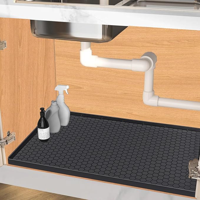 Under Sink Mat 34 x 22 for Kitchen Waterproof, Silicone Under Sink Liner Mat for Bottom of Kitchen Sink, Easy to Clean Bathroom Cabinet Mat Organizers and Storage, Black