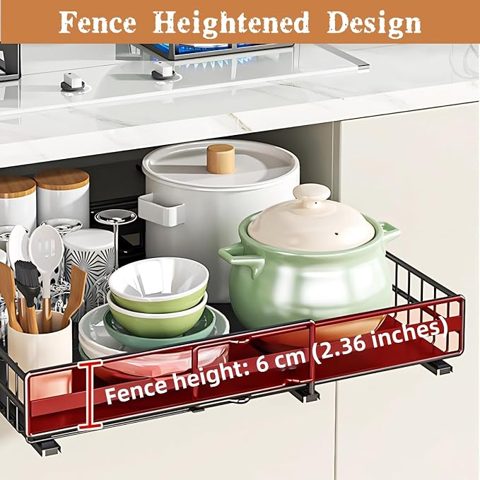 2-Pack Pull Out Cabinet Organizer, Adjustable Expandable 3-Slide Rails Drawers, No Drill Adhesive Cupboard Storage Shelf for Kitchen, Pantry, Living Room, Bathr(Color:White 2 Pack (1 Large + 1 Small))