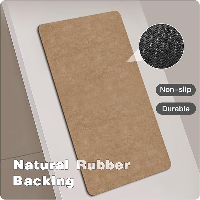 TYUU Bathroom Mat Quick Dry, Bathroom Rugs Non Slip Washable Thin Absorbent Bath Mat Fits Under Door Bathroom Floor Mat Perfect for Bath, Shower, or Sink 17"x59" Camel