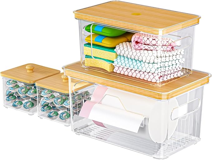 4 Pack Trash Bag Holder with Bamboo Lid, Stackable Garbage Bag Dispenser Under Sink, Storage Organizer for Kitchen, Laundry, Pantry (S+S+M+L)
