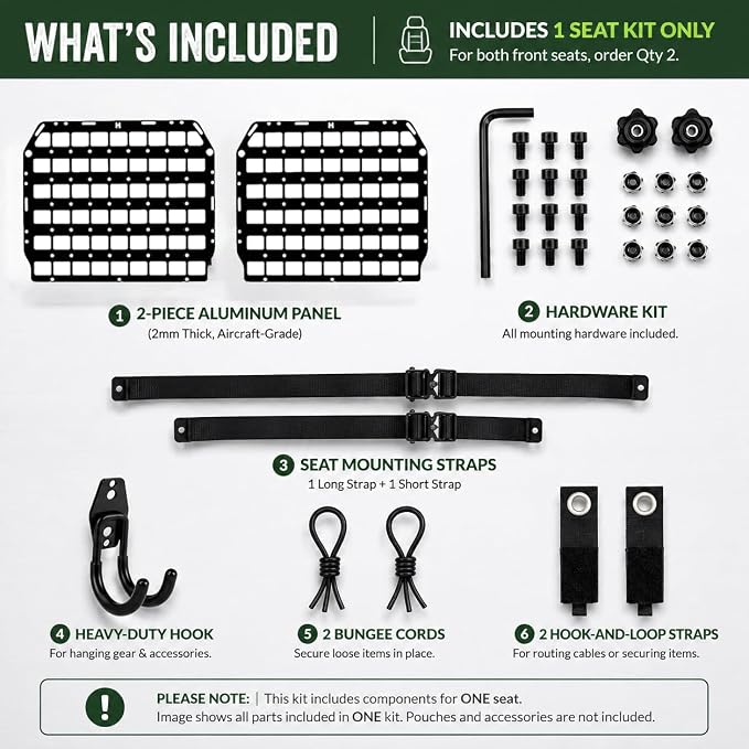 Metal MOLLE Seat Back Panel, 1 Seat Kit, 2mm Aluminum Vehicle Organizer for Most Standard Seat Backs, No-Drill Strap Mount, Compatible with Many MOLLE/PALS-Style Accessories