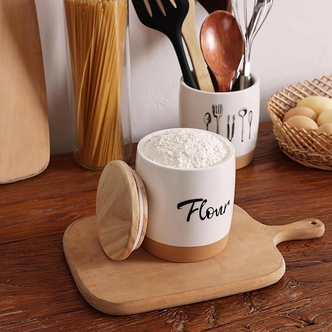 LEETOYI Ceramic Food Storage Containers with Lid,Modern Farmhouse Kitchen Decor, Countertop Food Storage Caddy Organizer, 33oz (Labeled Flour)