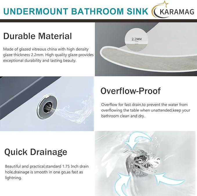 Undermount Bathroom Sink 19.5x15.6 Inch Rectangular Undermount Sink Ceramic Under Counter Vitreous China Sinks with Overflow,Matte Black