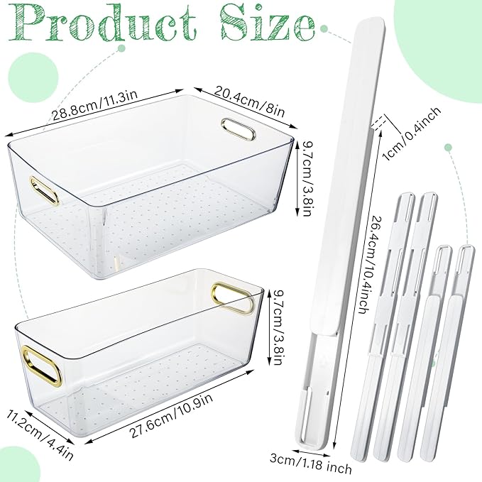 Reallnaive 2 Pcs Clear Pull out Cabinet Organizer with 4 Pcs Adhesive Sliders Rails, Pull out Drawer Organizer Accessories Plastic Slide Storage Drawer for Office Kitchen Bathroom Home School