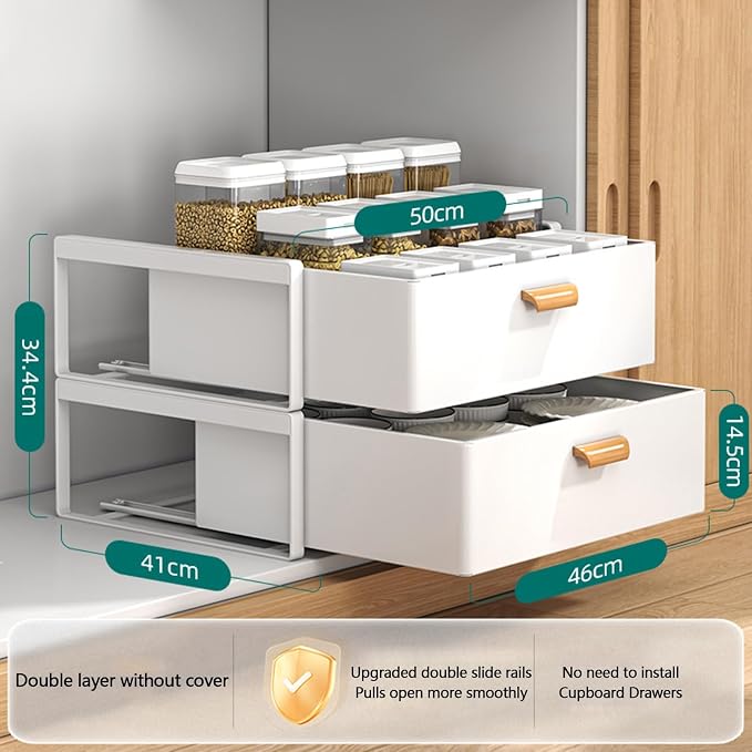 Pull Out Drawers for Cabinets Expandable Drawer Slide Out Cabinet Organizer Kitchen Extendable Drawers Storage Shelves for Kitchen Cabinets Extendable Pull Out Drawer, 50*41*34.4cm, White