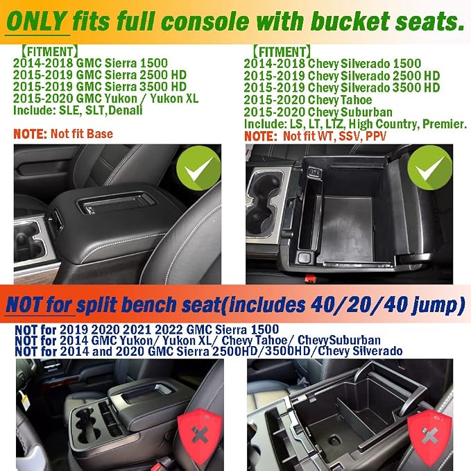 Full coverage Center Console Organizer Compatible with 2014-2018 GMC Sierra 1500 /Chevy Silverado 1500 Accessories 2015-2020 Yukon XL/Tahoe Suburban Insert Armrest Storage ABS Plastic, Black
