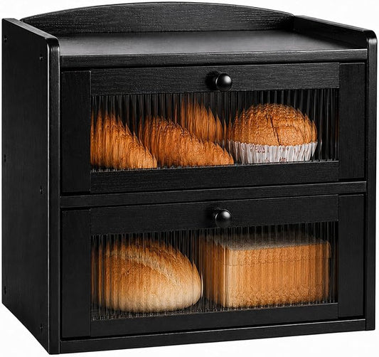 Bread box for Kitchen Countertop Double Layer Large, Solid Wooden Farmhouse Bread Storage Container with Acrylic Window, Bread Holder Organizer Bin for Homemade Bread and Pantry(Black)