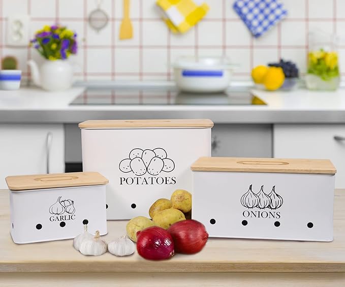 Kitchen Vegetable Storage Tins Set of 3 for Potato Onion & Garlic with Wooden Lid and Aerating Holes, Kitchen Storage Canisters Set, Vintage Kitchen Decor - White