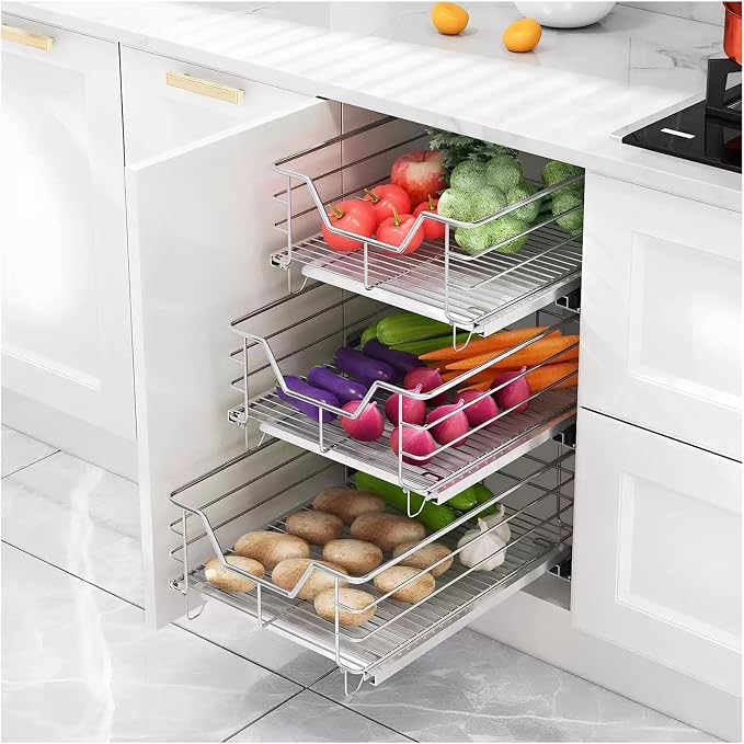 2 Pack Pull Out Cabinet Organizers with Removable Drip Tray, Slide Out Wire Storage Drawers, Heavy Duty Stainless Steel Gliding Cupboard Shelves for Kitchen, Under Sink, Bathroom