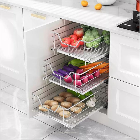 2 Pack Pull Out Cabinet Organizers with Removable Drip Tray, Slide Out Wire Storage Drawers, Heavy Duty Stainless Steel Gliding Cupboard Shelves for Kitchen, Under Sink, Bathroom