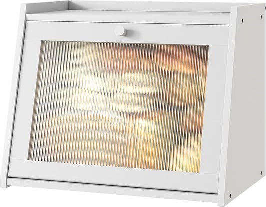 kiplant Large Bread Box for Kitchen Counter, White Bamboo Bread Storage Container with Wavy Arcylic Transparent Door, Bamboo Wooden Farmhouse Bread Box for Your House