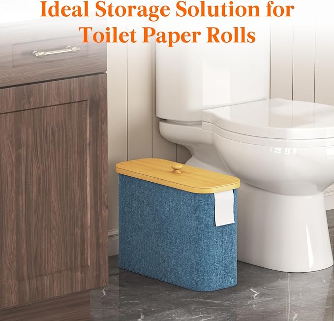 Lifewit Toilet Paper Storage Holder for 9 to 12 Rolls, Free Standing Toilet Paper Basket Stand with Bamboo Lid, Collapsible Fabric Bathroom Organizer Box for Mega Rolls, 23L, Large, Dark Blue