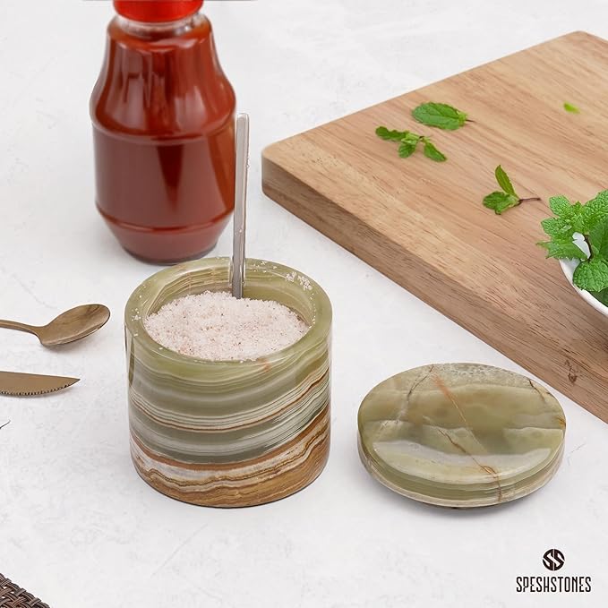 Marble Salt Cellar Green Onyx 3 Inch Handmade Stone Salt Containers for Countertop, 5.2 oz Sugar Jar with Lid and Spoon, Salt Bowl, Marble Salt Holder to Store Table & Flaky Salt