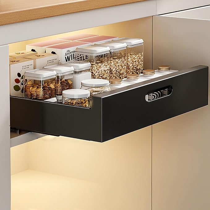 Slide Out Drawer Storage Shelves For Cupboard Cabinet,Extendable Sliding Drawer,No Need Drill and Nailing,for Pantry and Bathroom Vanity,with Adhesive Nano Film. (Color : Black, Size : 40 * 43 * 7cm)