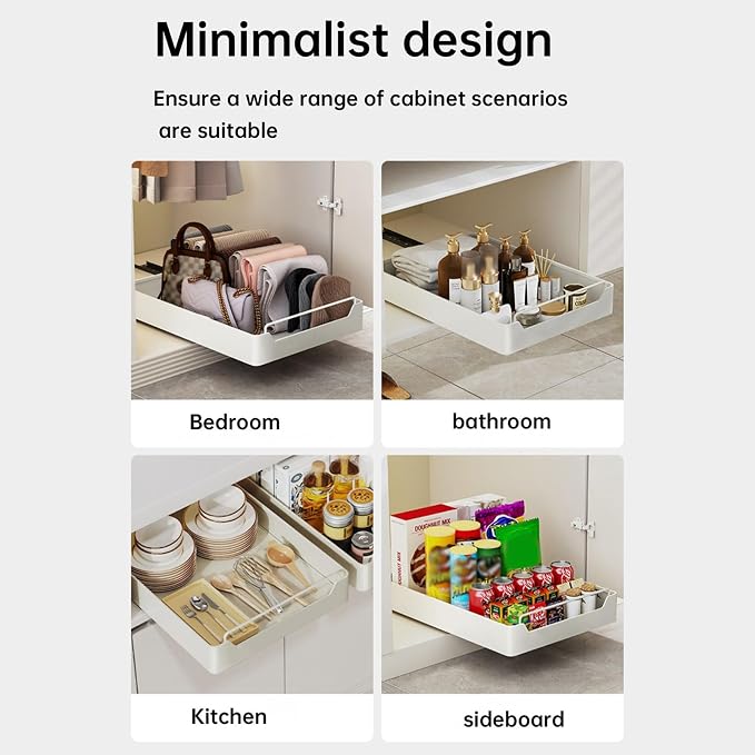 20cm Wide Pull-Out Cabinet Organizer Drawer – Stainless Steel Slide-Out Storage Box, Ultra Adhesive, Drill-Free Install, Extendable Shelf for Kitchen, Pantry or Bathroom, Noiseless