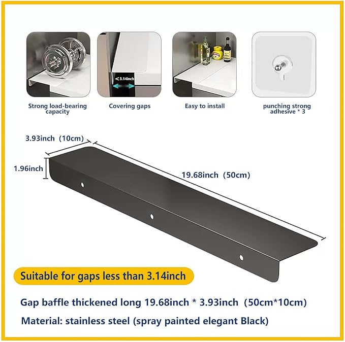 Metal Kitchen Refrigerator Gap Partition Side Panel For Crack Behind Refrigerator Kitchen Partition Panel No Drill Countertop Gap Extension Board(Black,19.68 * 3.93inch)