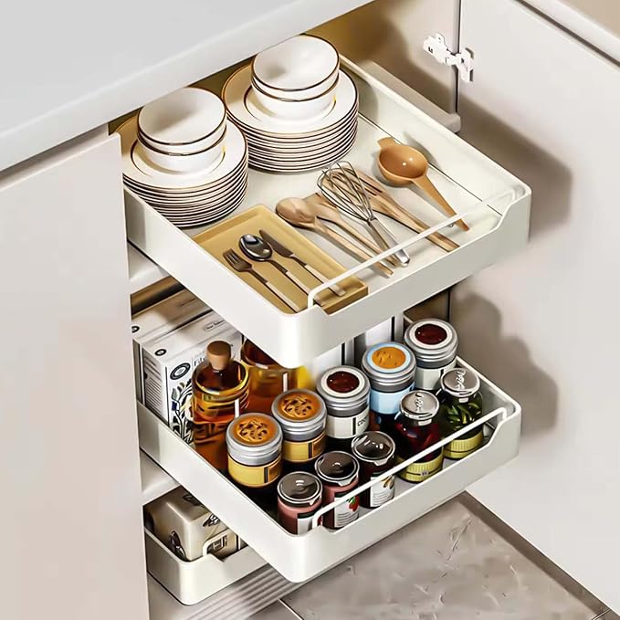 Pull-Out Kitchen Drawer Telescopic Slide-Out Drawer for Cabinets 25cm x 43cm x 7cm No Drilling Required Extendable and Ideal for Kitchen Storage Solutions