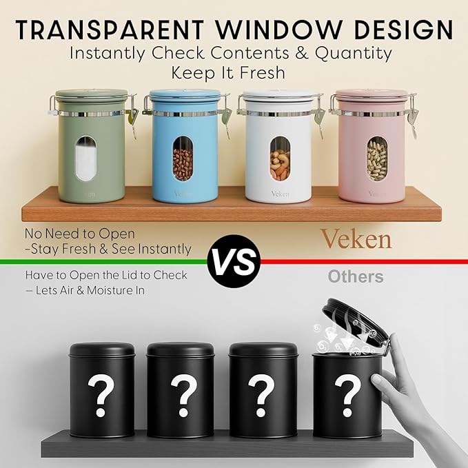 Veken Coffee Canister with Window, Airtight Stainless Steel Kitchen Food Storage Container with Lids, Date Tracker and Scoop for Ground, Beans, Tea, Flour, Cereal, Sugar Jars, 22OZ, White