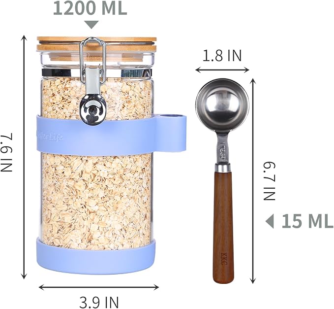 KKC Glass Protein Powder Container, 40oz Airtight Collagen Storage Jars with Bamboo Lids & 1 TBSP Measuring Spoons - Wide Mouth Aesthetic Countertop Dispenser Organizer for Kitchen, Smoothie Bar