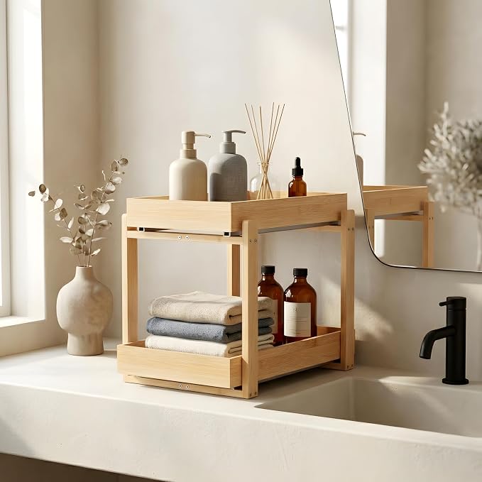 Bamboo Under Sink Storage 2 Tier Pull Out Cabinet Organizer Slide Out Under Sink Storage Shelf Undersink Organizers Shelves for Kitchen Bathroom Organization (Nature, 2 Pack)