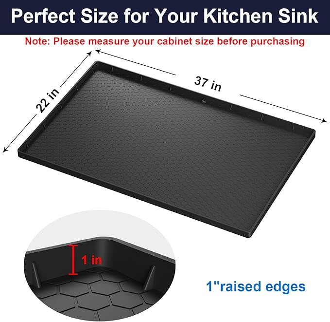 Under Sink Mat - 37" x 22" Waterproof Kitchen Cabinet Mat - Flexible Silicone Under Sink Liner - Kitchen Bathroom Cabinet Mat and Protector for Drips Leaks Spills (Black)