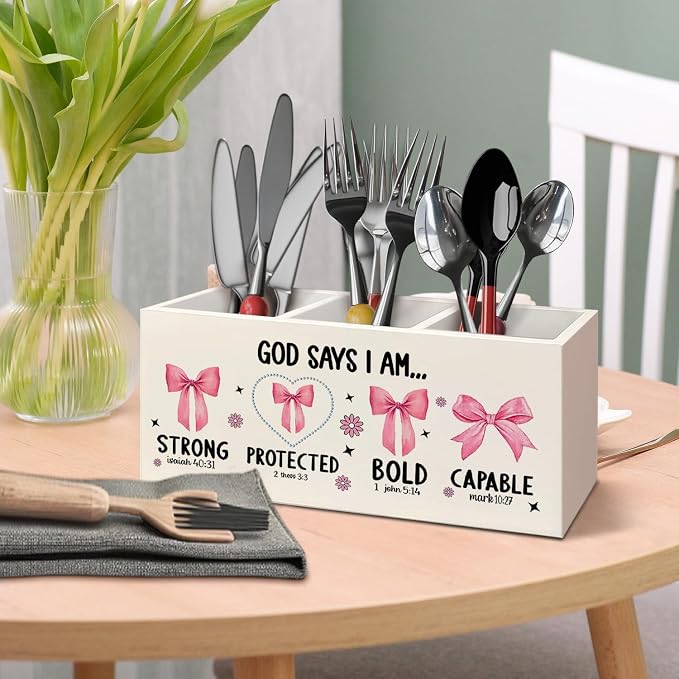 Christian God Says I Am Wooden Pen Pencil Holder for Desk Accessories, Christian Gifts for Women, Pink Coquette Bow Bible Verse Wood Makeup Brush Toothbrush Holder Organizer for Vanity Bathroom
