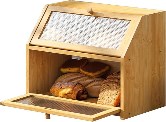 STDDRE Bread Box for Kitchen Countertop Bin Double Layer Bread Box Storage Container Extra Large Capacity Farmhouse with Diamond Pattern Windows (Natural, Large)
