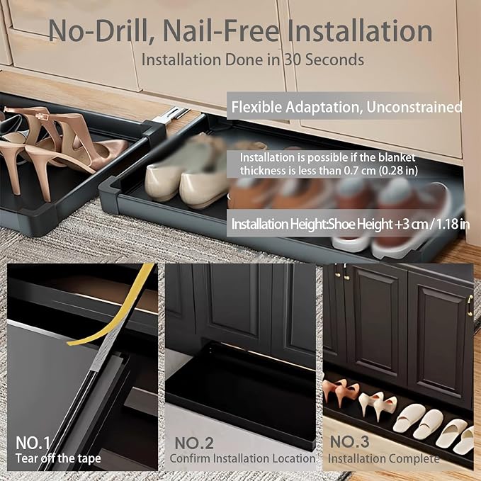 No-Drill Pull Out Drawer Shoe Rack Organizer,Damped Slide Rails Adjustable Width16-34 Inch, Push to Open Toe-Kick Shoe Rack for Cabinet Bottom(Black,29.9 * 18.1in)