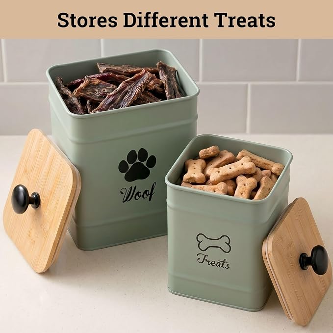 Dog Treat Container Airtight Set of 2 - 8x6 & 7x5 inch Iron Dog Treat Jars for Kitchen Counter with Airtight Bamboo Lids - 20 Cup Capacity Pet Treat Container Set - Doggie Cookie Jar - Treats Canister