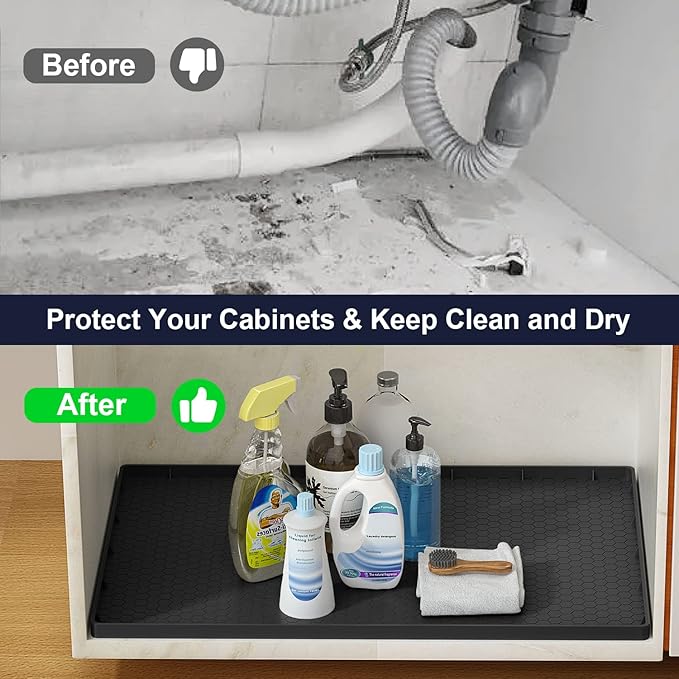 Under Sink Mat - 37" x 22" Waterproof Kitchen Cabinet Mat - Flexible Silicone Under Sink Liner - Kitchen Bathroom Cabinet Mat and Protector for Drips Leaks Spills (Black)