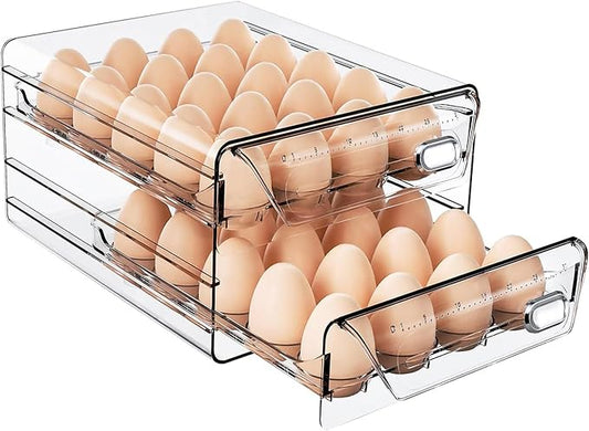 HIYOHIYO Clear 40 Slot Egg Holder for Fridge, 2 Layer, 9.8"x 8.5"x 5.5" | Time Scale Marking, Large Capacity, Stackable, Egg Container for Refrigerator or Countertop