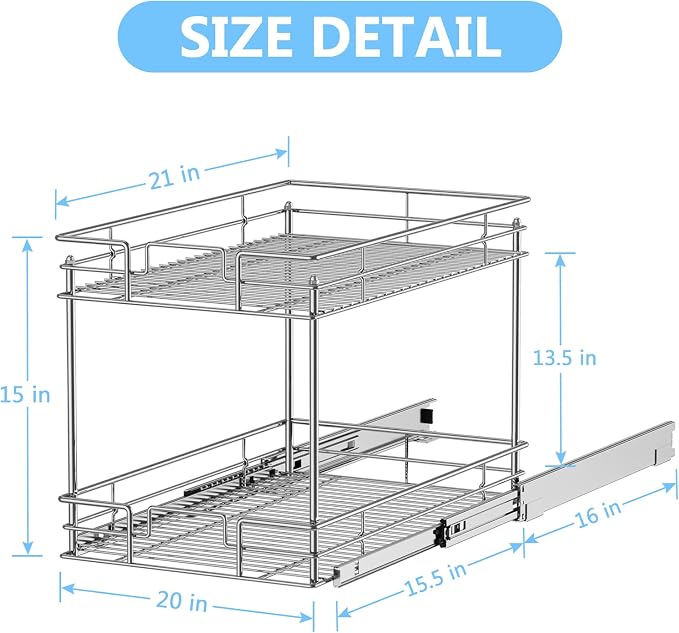 LOVMOR 2-Tier Cabinet Organizer, 20" W x 21" D Pull Out Drawer for Base Cabinet, Chrome Home Organizer, Silver