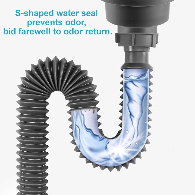 1-1/2" Flexible Sink Drain Pipe, Expandable Drain Hose, Adjustable Under Sink Drain Extension Tube 10" to 24.4", Thickened PP Sink Drain Replacement Hose for Kitchen Bathroom RV Sink, 1 Pack