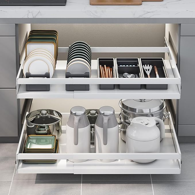 Upgraded version Pull Out Cabinet Organizer, Kitchen Sliding Shelf Under Sink Shelf, No Need Drill, kitchen cabinets, Expandable Drawer Shelves, Telescopic range 47~82cm (42cmX32-52cmX7cm)