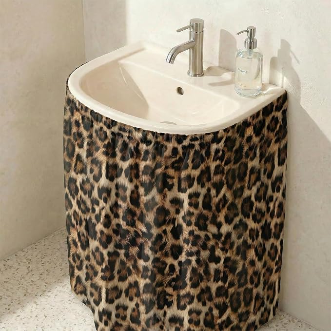 Leopard Print Sink Skirt for Bathroom, Self Stick Adhesive Waterproof Fabric, Wild Safari Cheetah Under Sink Curtain Skirt, Pedestal Accessories Decor
