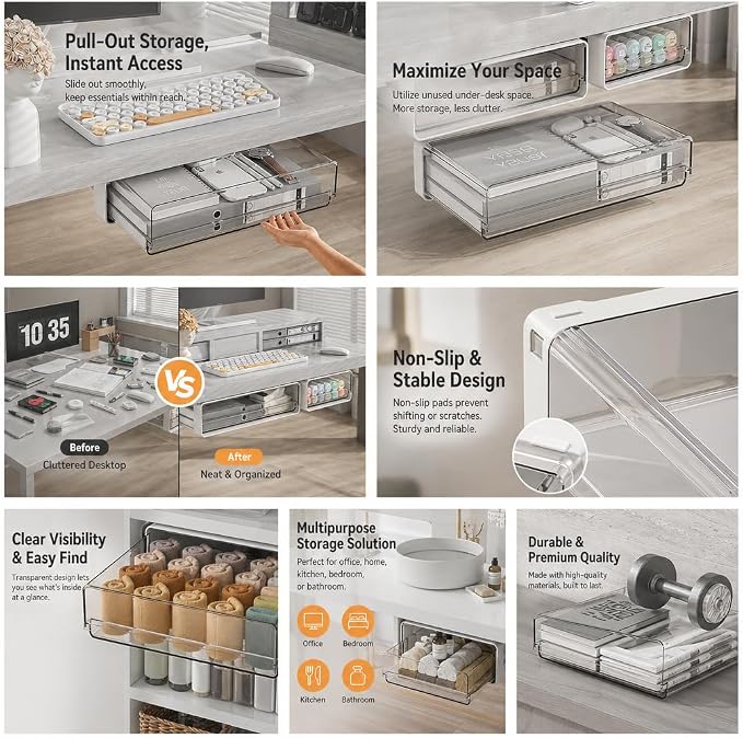 Hidden Under Desk Drawer Organizer, Space Saving Pull-Out Storage, Stick-On Invisible Drawer for Clean Desk Setup,XL