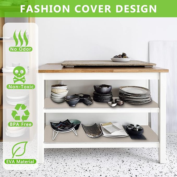 WochiTV Shelf Liner for Cabinets, Drawer 17.5 Inch x 20 Feet, Non Stick EVA Plastic Water Resistant Mat for Kitchen, Bathroom, RV Drawers and Under Sink, Shoe Shelves, Khaki